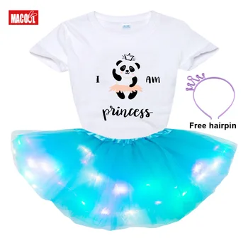 O bebê Meninas Conjuntos de Vestido da Menina das Crianças de Manga Curta T-shirt+luminoso Saia+gancho 3pc Projeto do Conjunto de Seu Nome e Número Presente de Aniversário