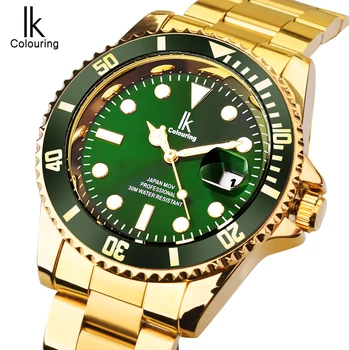 IK Coloração de 2022, a Marca de Luxo de Design Verde Moldura Impermeável Relógio Mens de Quartzo do Aço Inoxidável Dourado Calendário de Desporto Relógios de pulso