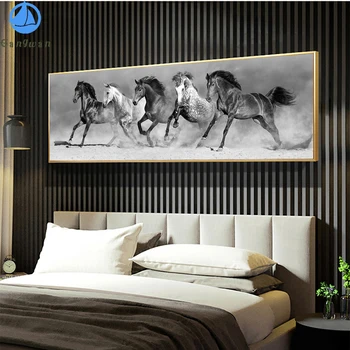 Diamond Mosaico Preto e branco animais de arte, cinco execução cavalos broca de Ponto de Cruz, Bordado de Diamante do cristal de rocha da Arte de Pintura