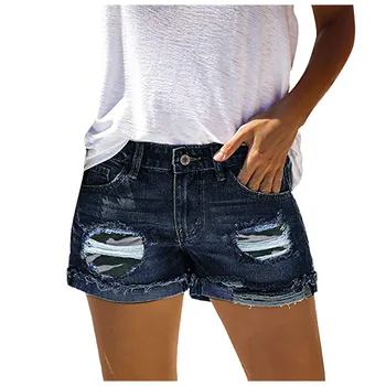 O mais novo de Cor Sólida Verão, as Mulheres da Moda Buraco Shorts Jeans Moda Mendigos Shorts Jean Cintura Alta Jeans, Shorts Spodenki Damskie