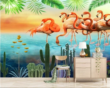 beibehang papel de parede Personalizado murais modernos pintados a mão de folhas de palmeira flamingo parede de Uma variedade de alta qualidade em 3d papel de parede behang