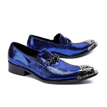 Os homens Azuis Moda de Metal Pontiagudo Dedo do pé Macio Sapatos de Couro do Escritório de Negócios de Moda Casual, Festa de sapatos