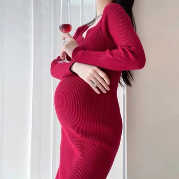 2022 Primavera Novo Vestido de Maternidade Roupa Chic da Moda Ladysexy Slim Fit Blusas de Todos-jogo da Base de dados de Mulheres de Malha Maternidade Vestido Longo