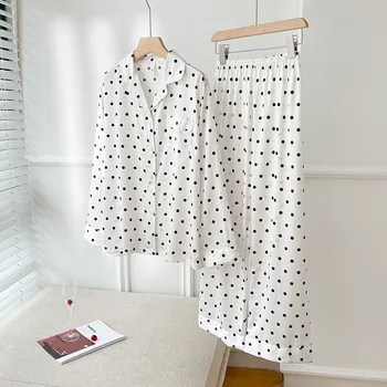 Mulheres 2PCS Pijama Terno de Impressão Ponto Camisola Manga Longa Home Roupas de Dormir Conjunto Com Bolso Loungewear de Cetim de pijamas, Pijamas