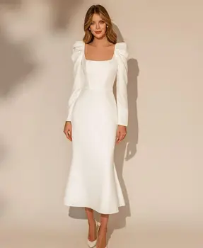 Elegante Vestido De Noiva Branco De Mangas Compridas Praça Pescoço Chá De Comprimento Clássico Simples De Cetim Vestidos De Noiva Personalizados Feitos