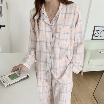 Mulheres Pijama Conjunto Simples Impresso Bonito Pijamas Casual Homewear Feminino Pijamas Para Mulheres De Princesa Elegante, Macio Manga Longa Xadrez