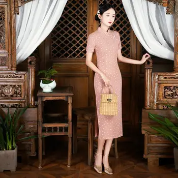 Mulheres Imprimir Querida Qipao Retro Botão Longa Cheongsams Sexy Colarinho De Mandarim Chinês Vestido Elegante Jantar Vestidos