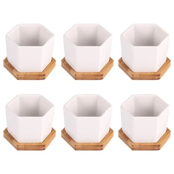 Simples Branco De Cerâmica Criativa Pequena Planta Hexagonal Suculenta Vaso Com Bandeja De Bambu (6 Pequenos Vasos De Flores + 6 Bandejas)