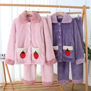 Sexy roupa de 2 Peças de Inverno Mulheres Engrossar Macio Quente Pijama Feminino Flanela Conjunto Manga Longa Pijamas para as Meninas Senhoras Pijamas