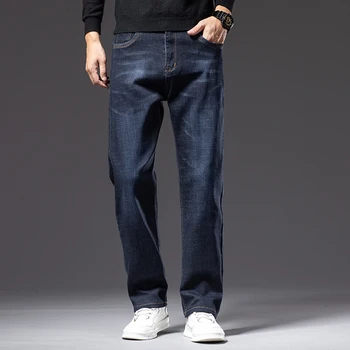 Outono Homens Azul Escuro Reta perna de Marca de Jeans Estilo Clássico Business Casual Algodão Stretch Calças Jeans Masculina Tamanho Plus 40 42 44