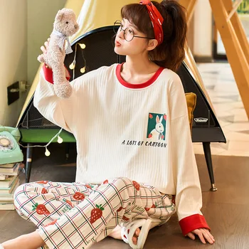 Impresso 2pcs de Mulheres Pijamas de Algodão de Kawaii Roupas de Outono Camisola de Manga Longa O Top com decote em Calças Loungewear Pijamas para Mulheres