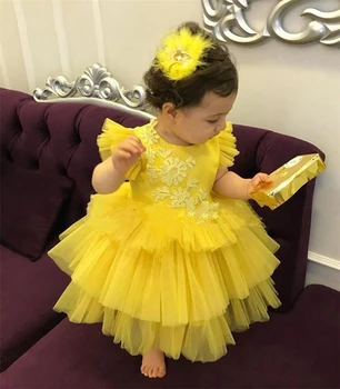 gy Amarelo Bonito Fofo de Tule sem Mangas Baby Girl Dress Top de Laço Vestido da Menina de Flor de Aniversário do Bebê Vestido de Festa