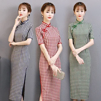2020 Novas Algodão Verificado Cheongsam Muito Estilo Slim Literário E Estilo Étnico Melhorado Fair Lady Temperamento Chinês Vestido Qipao