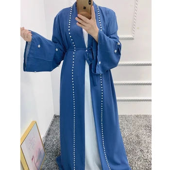 Wepbel Dubai Abrir Abaya Quimono Estilo Étnico Mulheres Muçulmanas Eid Outwear Vestido de Abaya Lace-up Manto Prateado de Manga Larga Elegante Cardigan