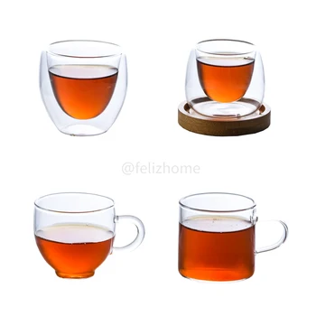 Vidro resistente ao calor xícara de chá Pu er, chá preto, Kungfu conjunto de chá pequena xícara de chá transparente isolamento duplo xícara de chá de suporte de madeira