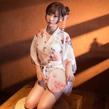 Yhotmeng 2019 novo kimono sexy chiffon impresso senhoras Japonesas camisola funda tiras com T-linha de roupa interior
