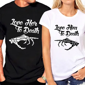 Mulheres T-shirt de Algodão Par T-Shirts de Correspondência de Casal Roupas de Amantes da T-Shirt da Moda Feminina T-shirt de Verão Tops Impressão Crânio Mão
