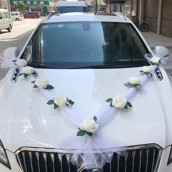 Rosa Branca Com Flores Artificiais Para Casamento Decoração Do Carro De Noiva, Carro Decorações + Maçaneta Da Porta Fitas De Seda Flor 2022 Novo