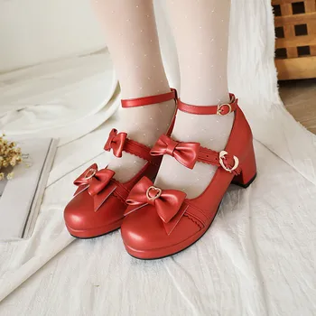 YQBTDL Plus Size 34-43 Lolita Princess Mary Janes Sapatos Bowknot Babados Japão Doce Noiva, Festa de Casamento Bombas de Cosplay-de-Rosa 2022