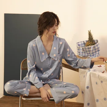 Moda primavera de Bolinhas Mulheres Pijama Manga Longa Sexy Roupa de Duas peças de Cetim de Pijamas Lapela Loungewear Casa Roupas