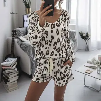 2022 Leopard Pijama Conjunto De Mulheres De Casa Desgaste Loungewear Pjs Mulheres Pijama De Dormir Desgaste Homewear Ladies Home Terno