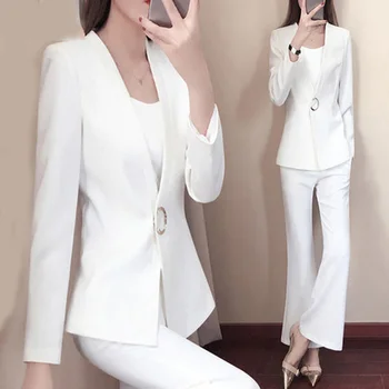 Novo 2019 Duas Peças de Conjunto de Mulheres Terno de Calça Tamanho S-4XL Branco Jaqueta Blazer Com Calça de Escritório moda charme Lady Trabalho usam Ternos