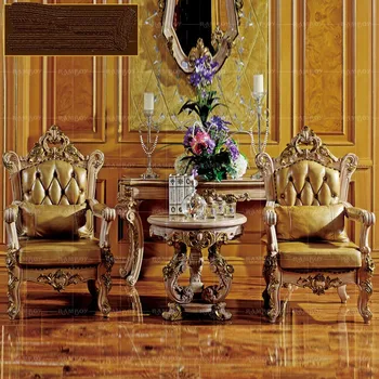Francês Sofá de Couro da Cadeira do Europeu de Luxo em Madeira maciça Esculpida de Lazer Cadeira Pequena e Redonda Várias Três peças Combinação de Móveis