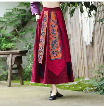 2022 estilo étnico roupa de cama de algodão bordado de flores de retalhos de mulheres de saia chinês harajuku vintage solto e casual elástico da cintura da saia
