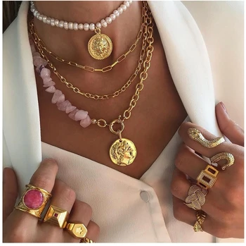 Barroco Irregular fresco, natural de pérola cor-de-rosa de pedra gargantilhas colar de cadeia conjunto de jóias para as mulheres moeda 2021 Multilayer colar