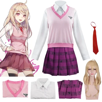 Anime Danganronpa V3 Cosplay Akamatsu kaede JK traje meninas uniforme Camisa / Colete / saia Plissada / meias/Peruca uniforme Colegial