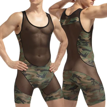 Homens Sexy do Homem de Macacão de Malha Macacão de Camuflagem Transparente Pijamas Lingerie Erótica Bodysuits Corpo do Desgaste de Uma Peça de Macacão