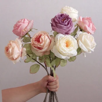 1Pcs de Flores Artificiais Curvatura da Borda Rosa de Seda de Flores para a Decoração Home da Noiva do Casamento de Mão de Rosas, Bouquet de Fotografia com Adereços