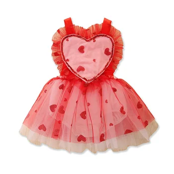 Criança Menina de Romper Vestido de Verão Novo Coração Vermelho de Lantejoulas Malha de Suspender Bodysuit 2023 Dia dos Namorados Algodão Roupas de Crianças