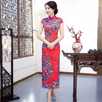 Tamanho grande 5XL Sexy Slim Cheongsam Rayon Vintage Botão Vermelho estampado de Flores Chinês Vestido de Colarinho de Mandarim Feminino Longos Vestidos Retrô