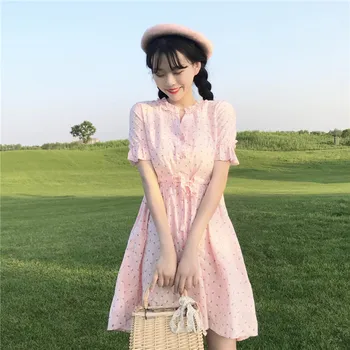 Verão nova mulher 2018 estilo coreano frescos de alta cintura era fina e longa manga curta alunos casual bonito Vestido sweet Lolita