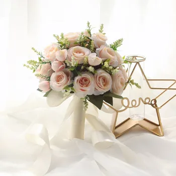 Segurando Flores Artificiais, Naturais de Rosa do Buquê de Casamento com Fita de Cetim de Seda cor-de-Rosa Branco Champanhe Dama de honra da Festa de casamento