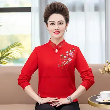 2022 chinês tradicional cheongsam tops camisola de malha flor nacional qipao tops feminina manga longa jumper solta pulôver