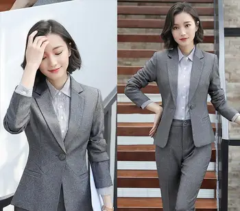Mulheres de Calça de Terno Cinza Office roupas de Trabalho Formal de Negócios Primavera OL Slim Moda