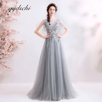 2022 Elegante Cinza Longos Vestidos de Baile Elegante Tule Apliques Assoalho-comprimento Vestido Formal Para as Mulheres, Vestido de Noite Vestidos De Gala