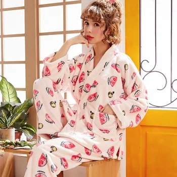 Mulheres inverno grosso coral de lã de pijamas para mulheres quimono roupão de banho manto blet de manga longa, calças de flanela mulheres conjuntos de pijama pijama