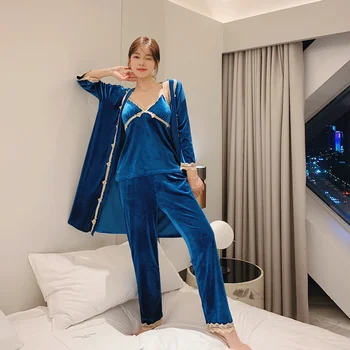 Ouro Veludo Pijama Mulheres de Outono Primavera 2022 Sexy Novo Sling Camisola 3Pcs Conjunto Grande de Transfronteiriça Casa Desgaste Senhora Sleepwear