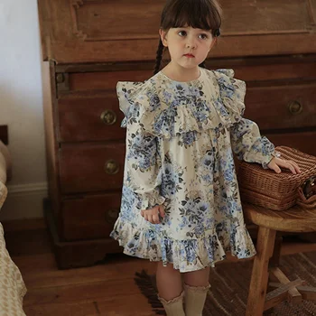Meninas Voando Manga do Vestido Elegante Bonito Estilo Ocidental Outono Bebê Saia a Versão coreana do Retro Vestido de Princesa Para Crianças