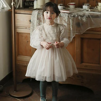 2022 Primavera de Malha coreano para Crianças de Criança Roupas de Verão Meninas francês Lanterna Manga de Tule Puffy Vestido Elegante