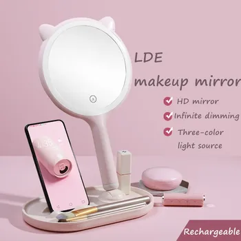 LED Espelho de Maquiagem Portátil USB de Carregamento da Tela de Toque de Maquilhagem Conveniente área de Trabalho Maquiagem Leve Espelho