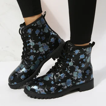 Botas femininas Outono e Inverno Nova Moda Britânica Mulheres de Ferramentas Botas de Flor de Impressão de Alta-top Botas de Senhoras Zapatos De Mulher