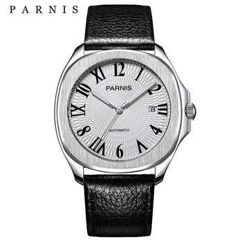 Moda Parnis 38,5 mm Mostrador Branco Mecânico Automático Homens Relógio de Pulseira de Couro, Calendário Vidro de Safira Relógios de alto Luxo da Marca