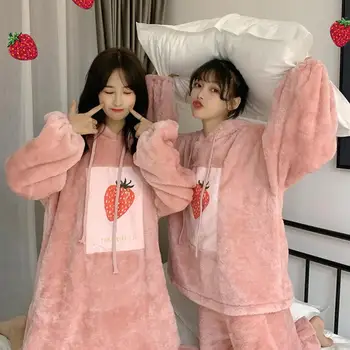Bonito com capuz versão coreana do pijama feminino outono e inverno solto pode ser usado fora de casa e do mobiliário de pijama engrossado