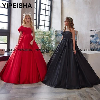 Yipeisha sem Alças de Cetim Flores Meninas Vestidos de Um ombro-Assoalho-comprimento Crianças Preto Vestido de Baile Vermelho Vestido de Festa de Aniversário