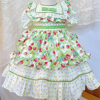 Puro algodão Verde morango menina de vestido de princesa novo manga curta vestido de 2022 Lolita saia tutu de crianças vestido de bolinhas