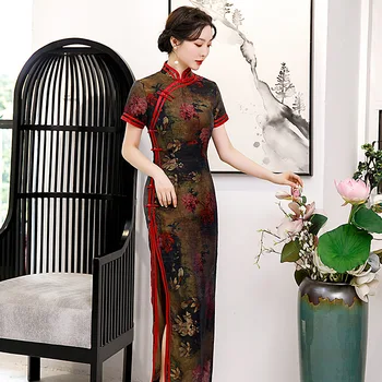 Mulheres Cheongsam Stand Colarinho Qipao Moderno Fenda Temperamento Chinês Tradicional Vestido De Melhoria Tang Terno Diwedding Vestido De Festa